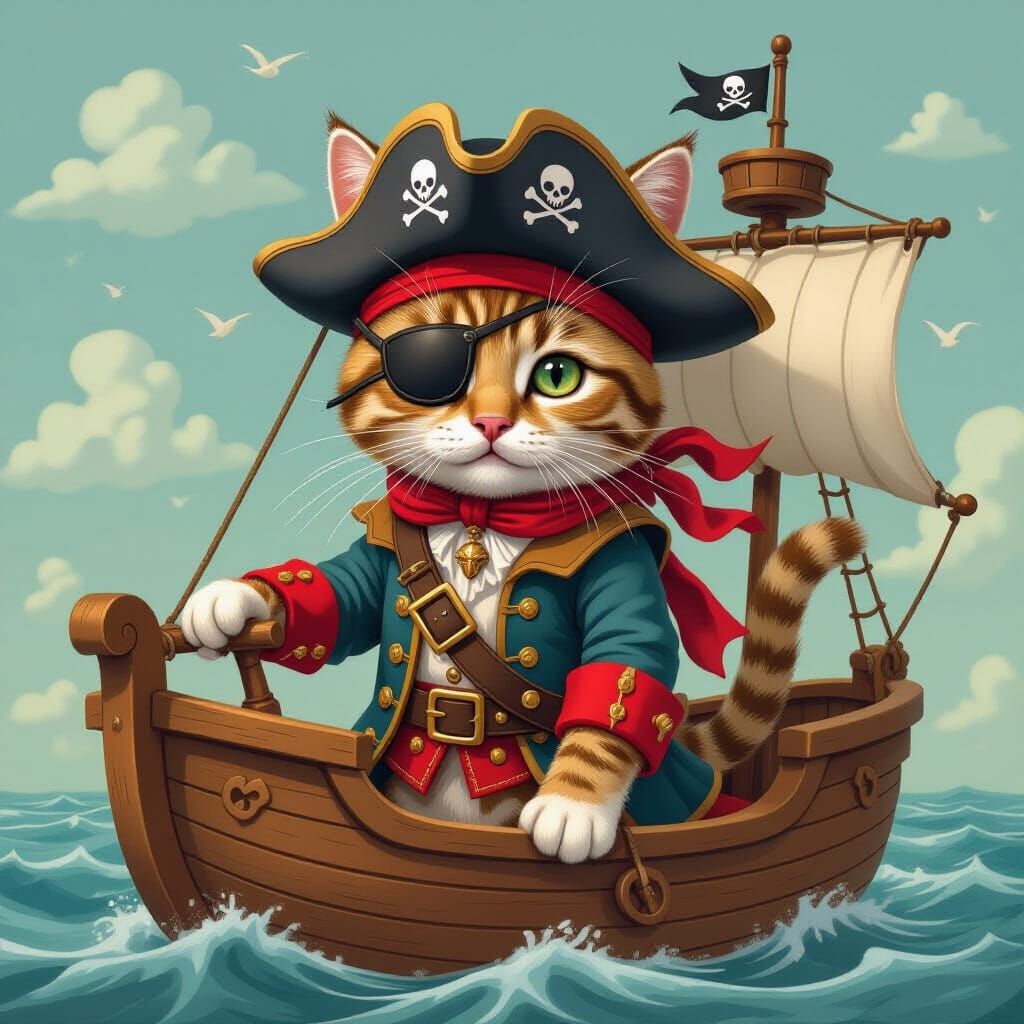 Tabby Cat Pirate on Toy Ship in Whimsical Style