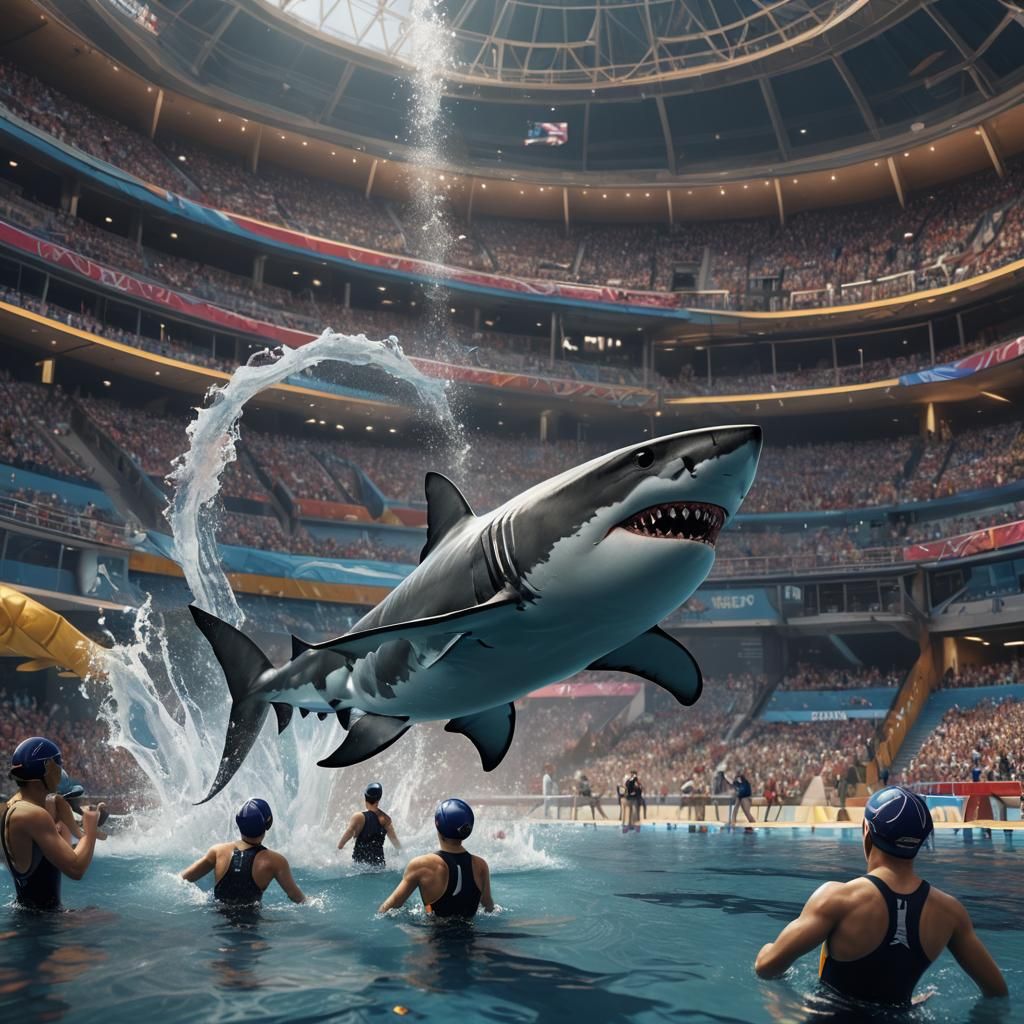 Shark Competes in Olympic Swimming: Detailed Matte Painting