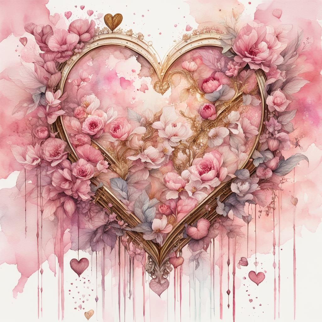 Watercolor Hearts with Gold Glitter Accents