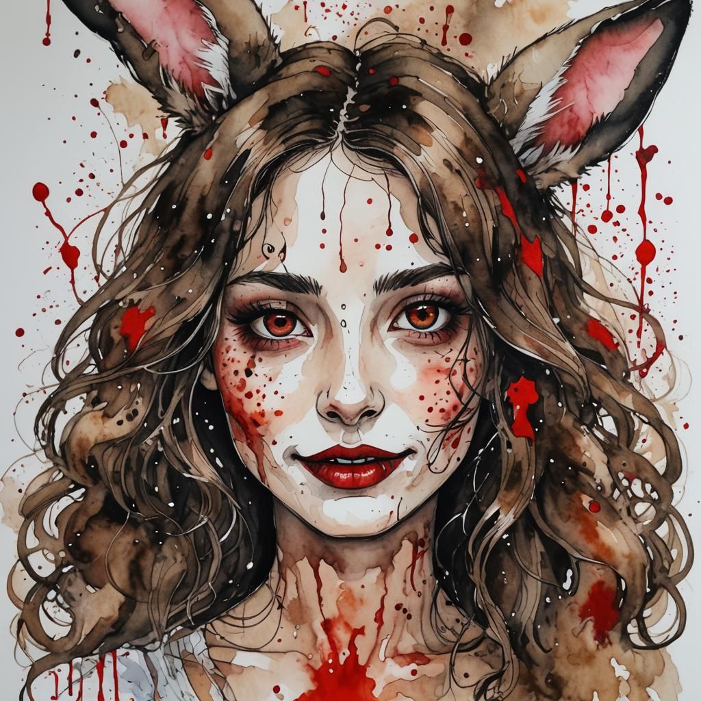 Feral Woman with Bunny Features in Watercolor Ink
