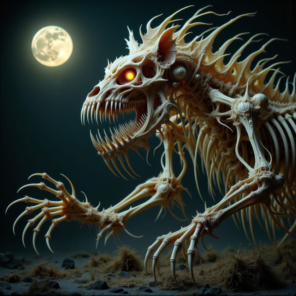 Skeletal Wolf Monster in Dark Cyberpunk Landscape