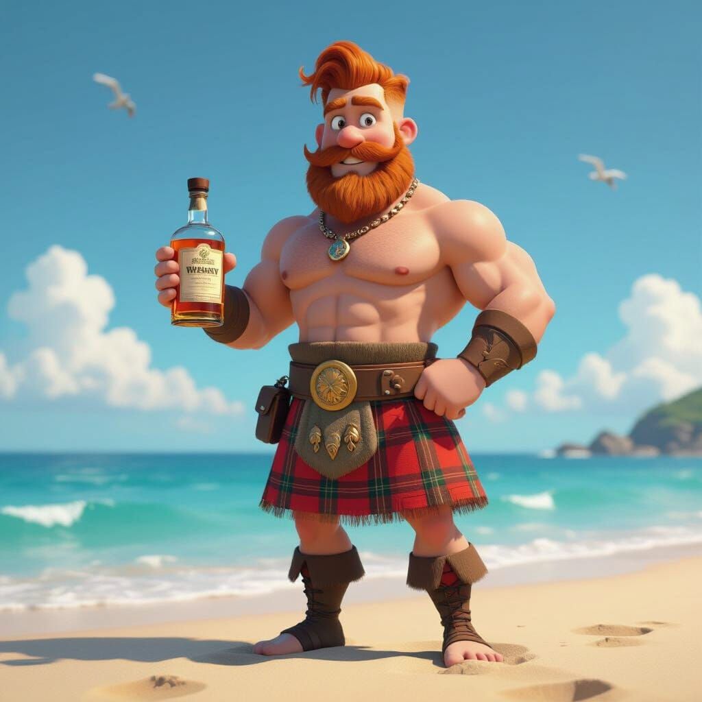 Muscular Kilted Man on Beach in Pixar Style