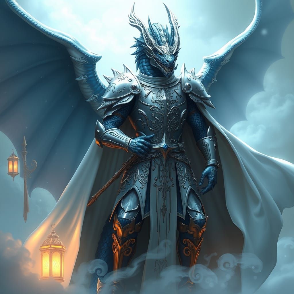 Majestic Blue Dragon Knight in High Fantasy Style
