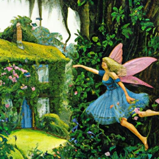 Blue Fairy Over Farmhouse in Fantasy Art Style