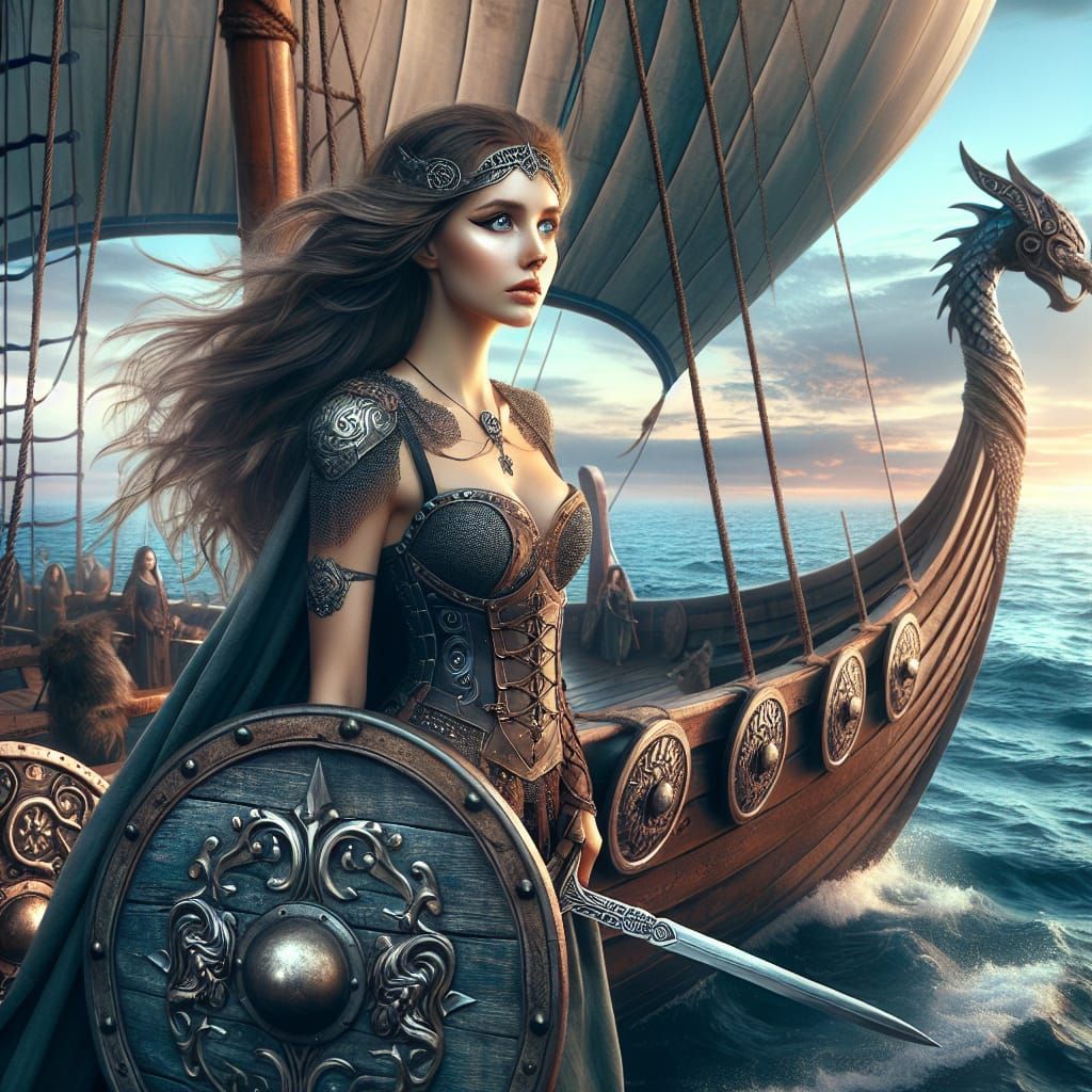 Fantasy Viking Woman with Sword on Ship