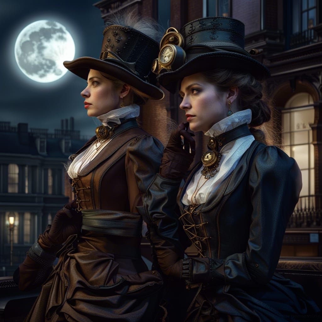 Steampunk Victorian Ladies in London Moonlight