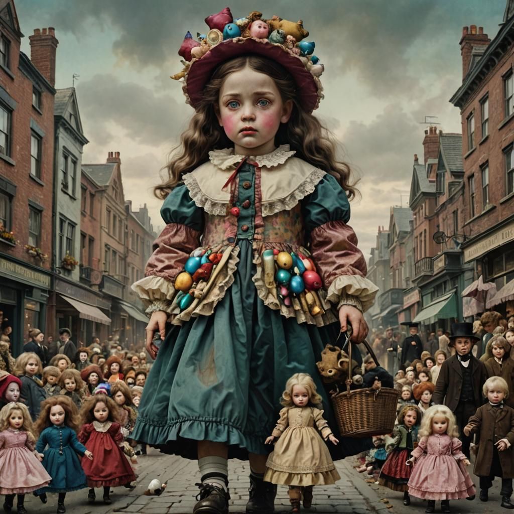Surreal Giant Girl in Victorian Dolltown