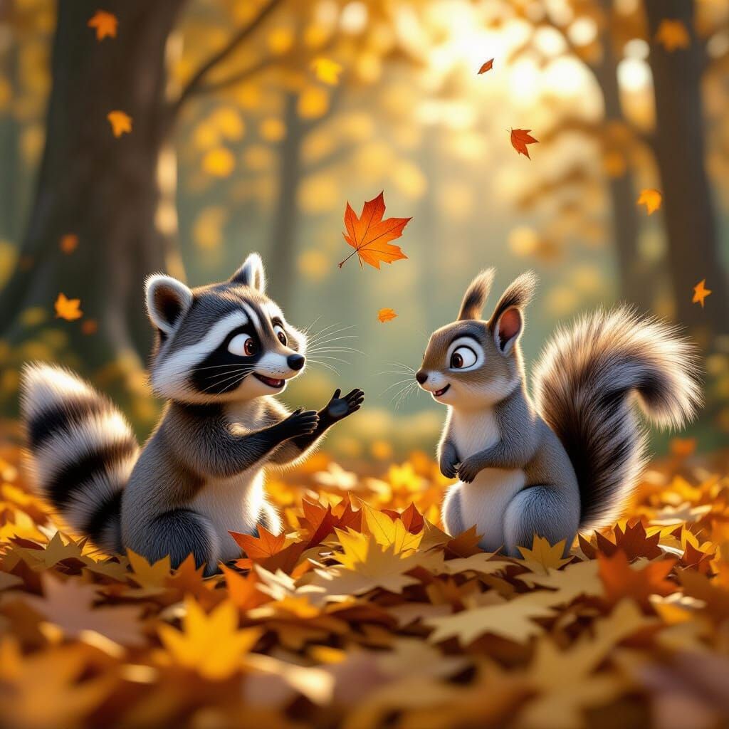 Pixar Raccoon and Squirrel Play in Autumn Leaves