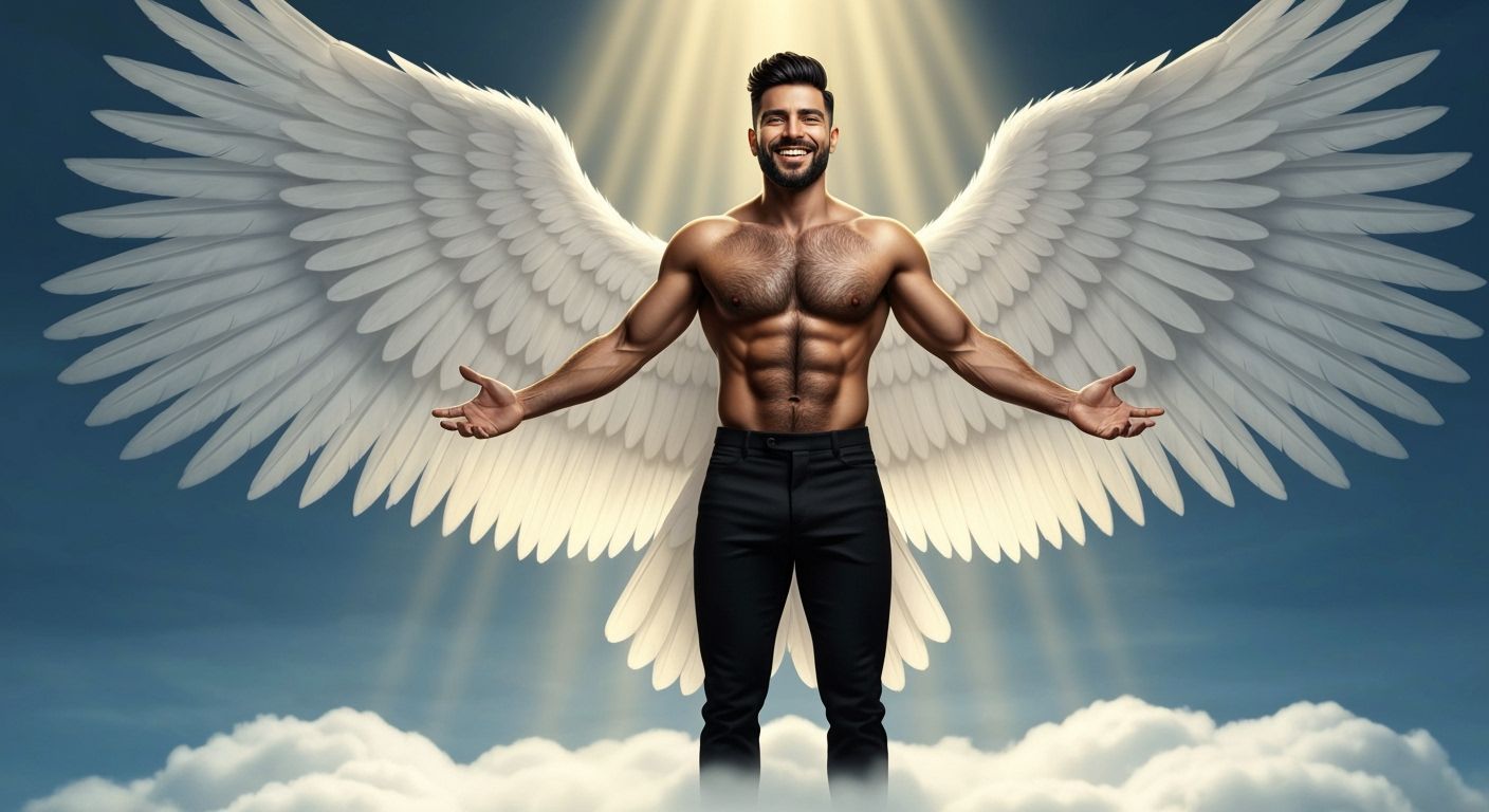 Angelic Man Welcomes Viewer with Majestic Wings