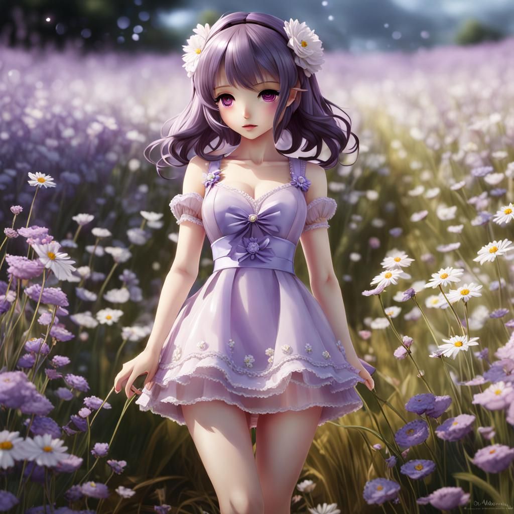 Kawaii Doll in Flower Field, Soft Colors