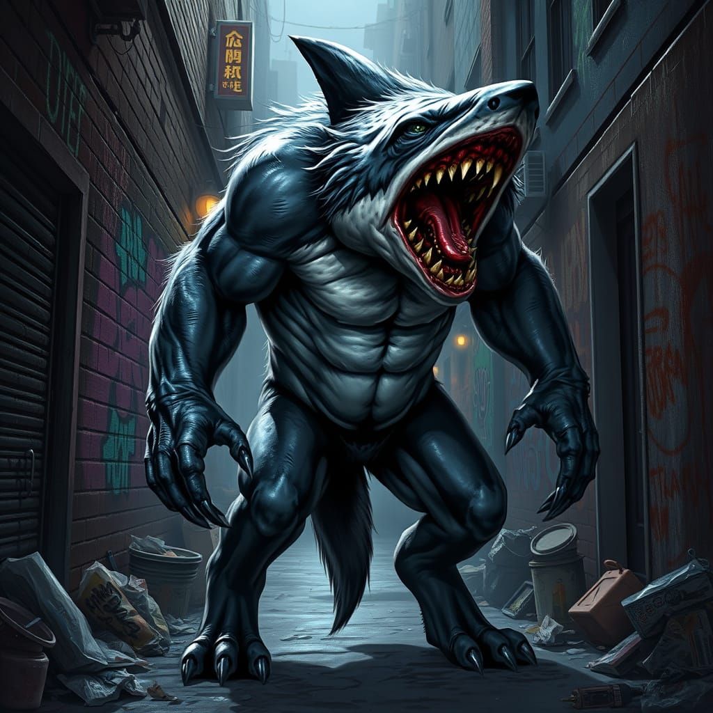 Muscular Shark-Wolf Hybrid in Gritty Alleyway