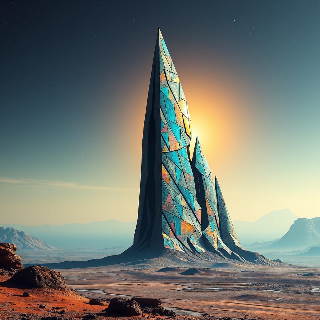Futuristic Brutalist Structure on Distant Planet Pierces Sky