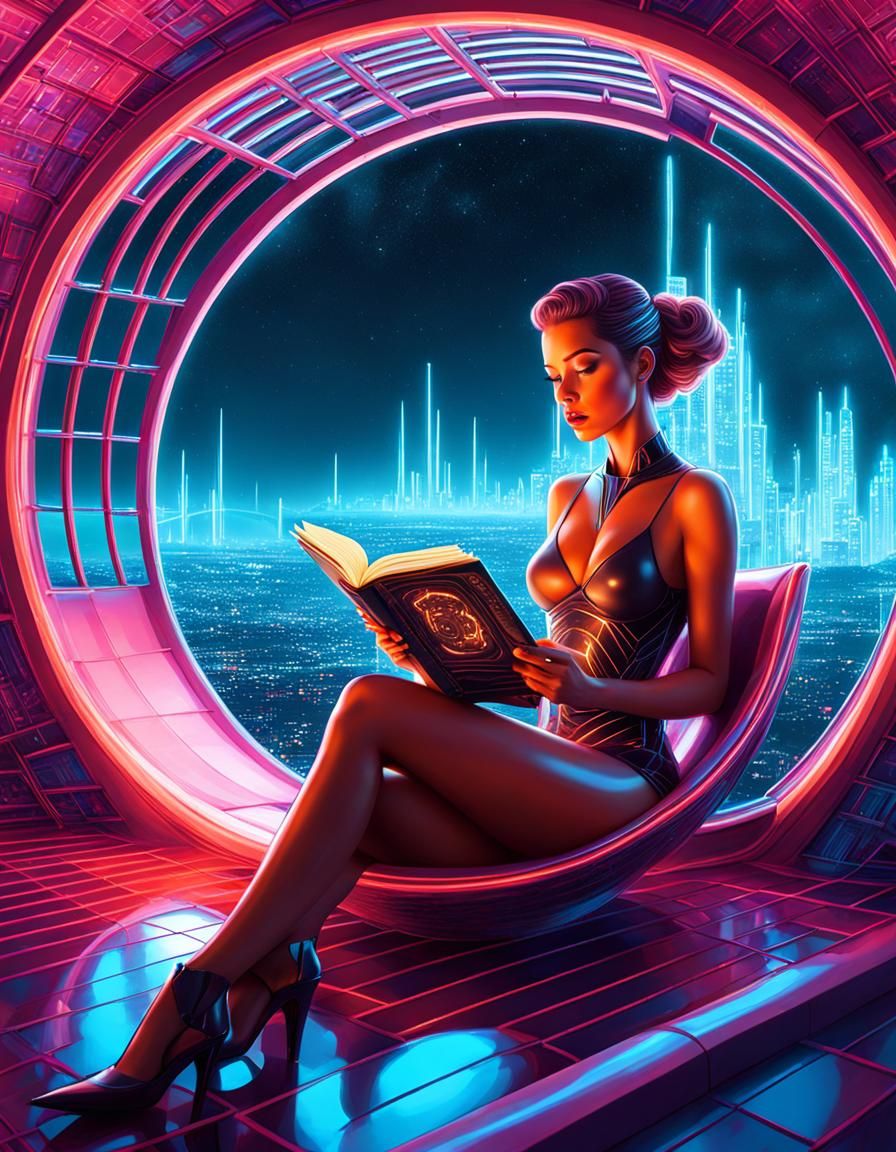 Cybernetic Woman Reading in Neon Grid Network