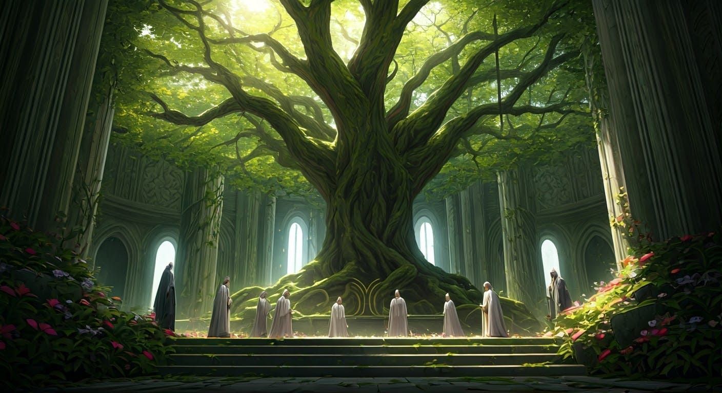 Elven Priests Gather in a Vibrant Temple of Nature