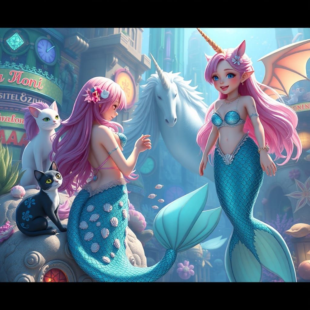 Whimsical Mermaid World with Unicorn and Dragon