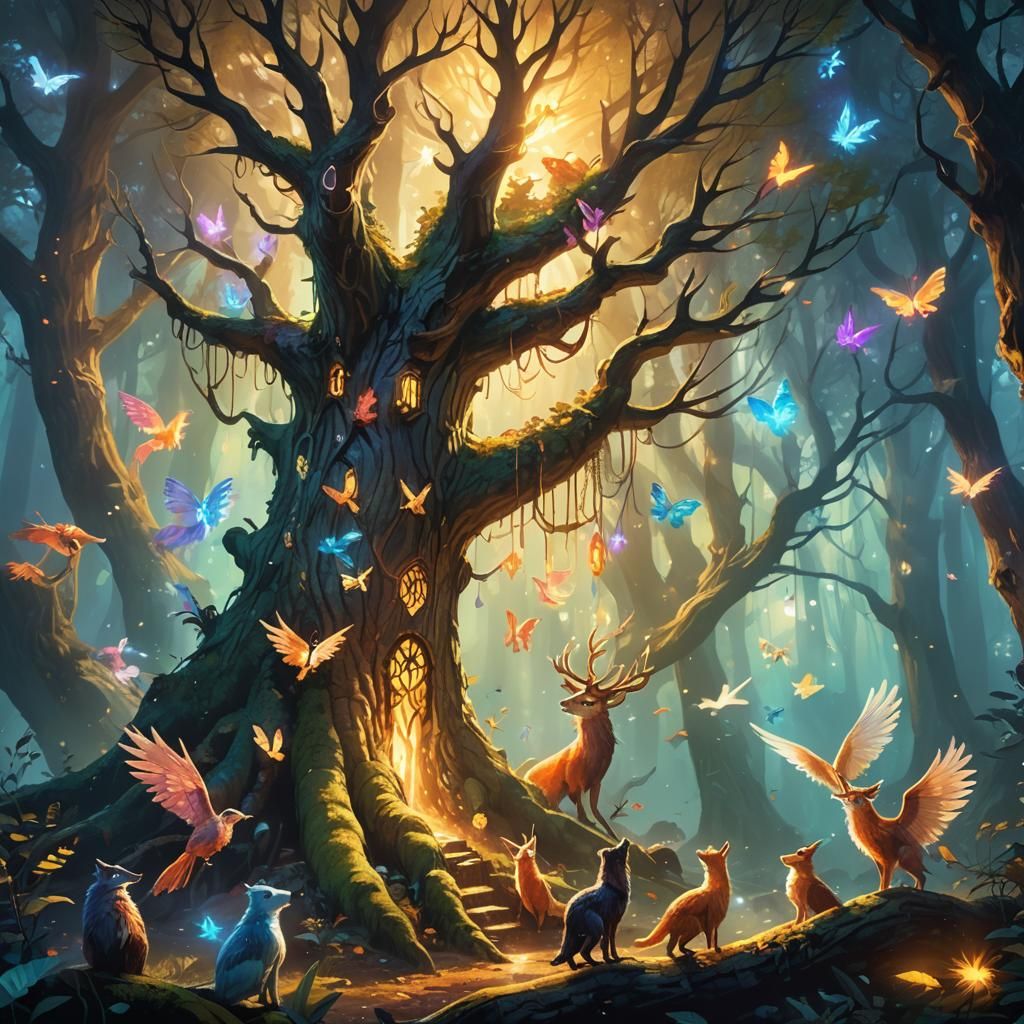 Magical Creatures Gather Around a Glowing Mystical Tree
