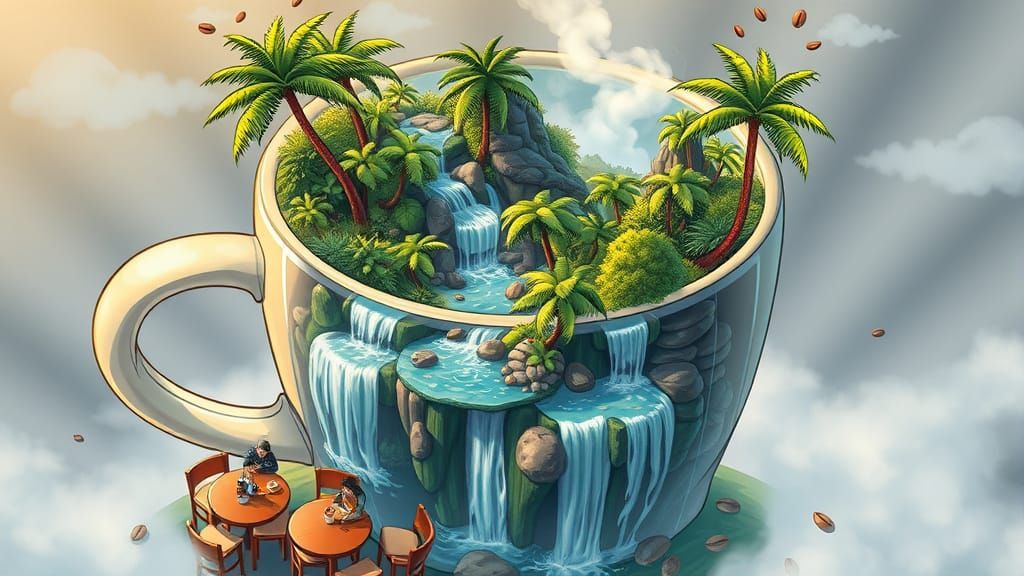 Giant Coffee Cup Tropical Waterfall Paradise, Comic Art