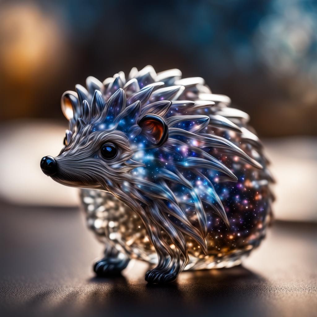 Glass Hedgehog with Galaxy Swirls: Hyperrealistic Image