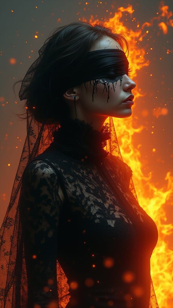 Enigmatic Woman Embracing Flames in Cyberpunk Digital Art