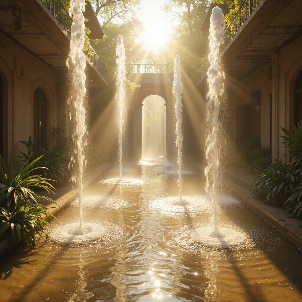 Surreal Fountains in Golden Sunlight