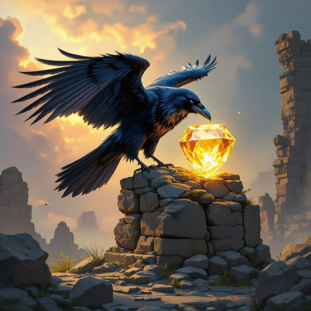 Majestic Raven With Giant Gem Atop Ancient Ruins