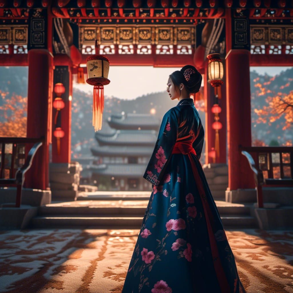 a woman in a korean hanbok at a temple in korea <lora:signs:1.0>