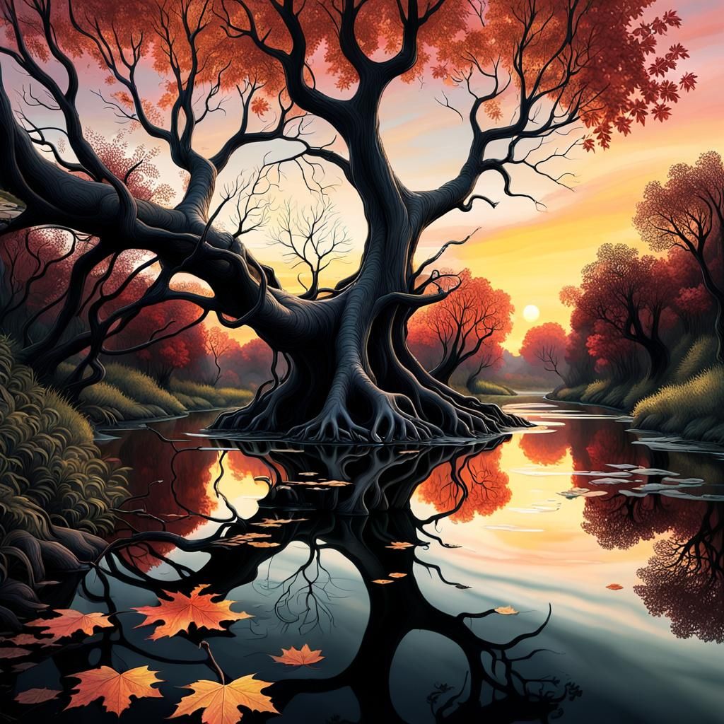 Biomechanical River Sunset in Surreal Style