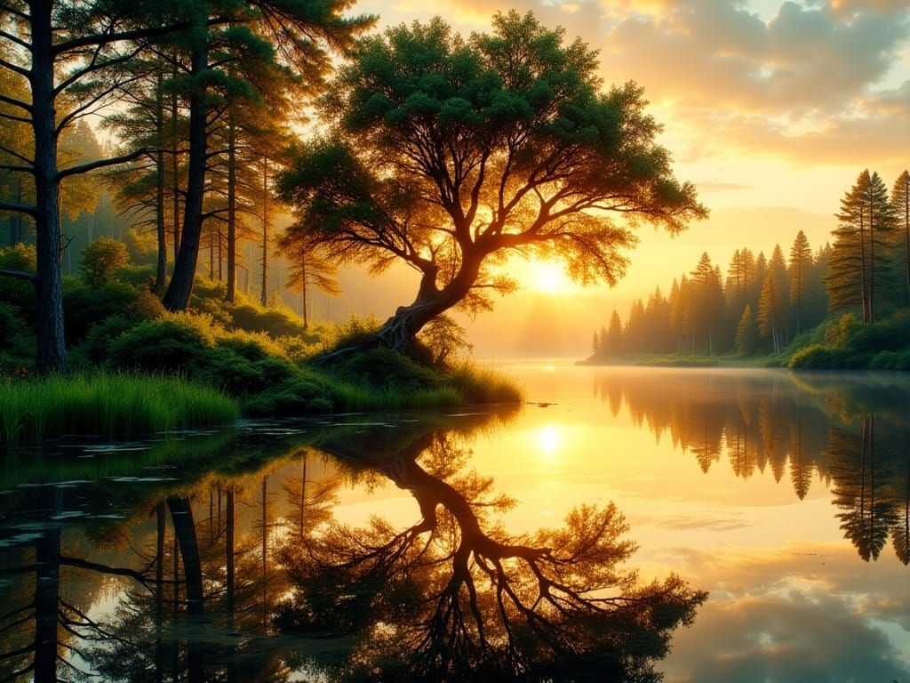 Golden Sunrise Landscape Mirrored in Pond