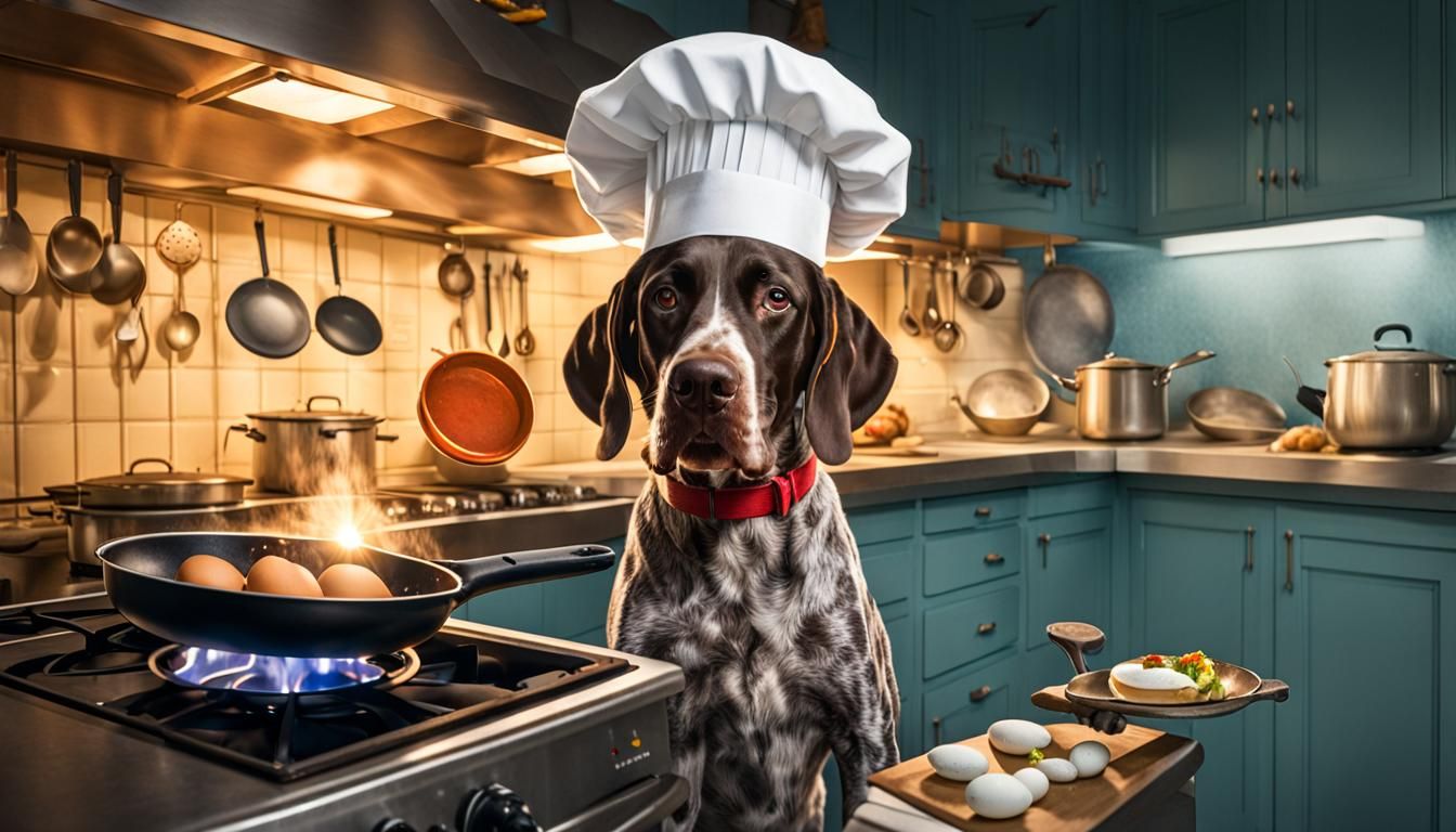 "A mischievous German Shorthaired Pointer in a chef's hat st...