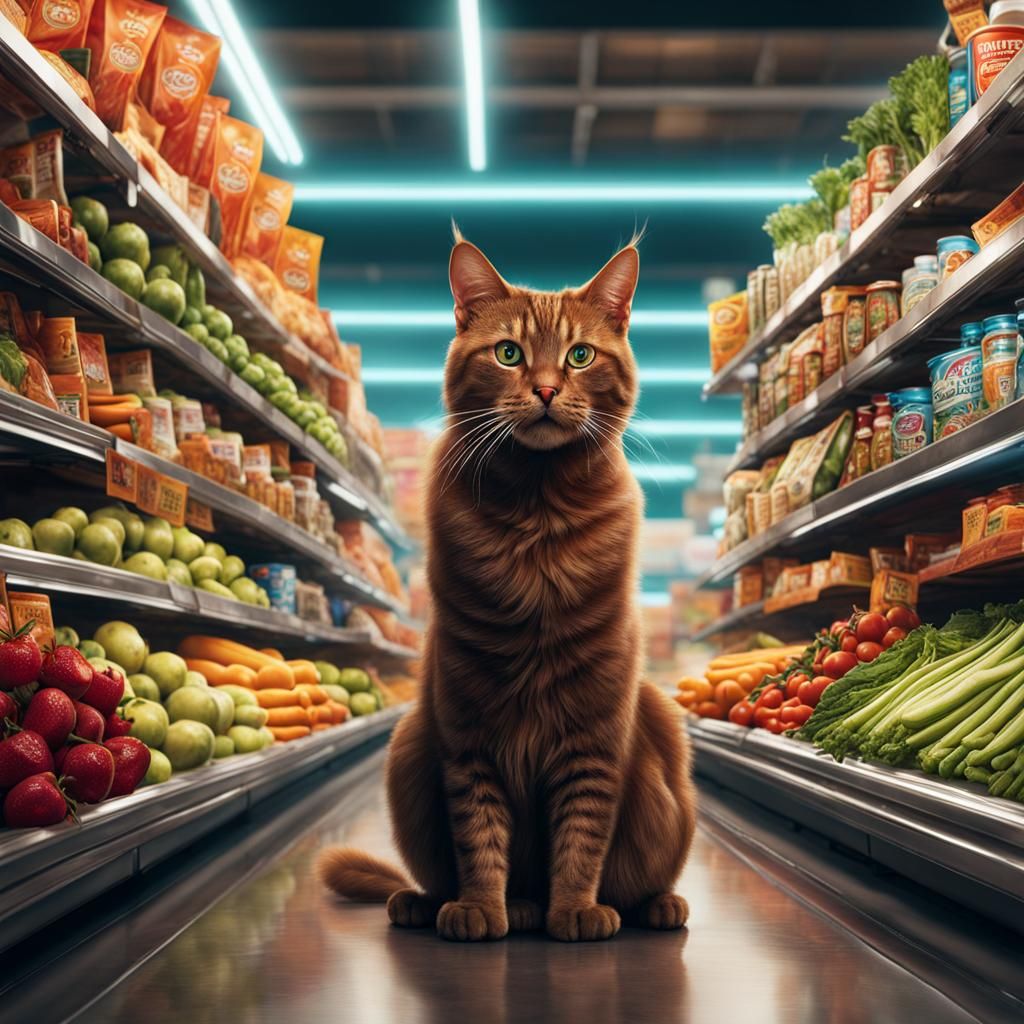 Surreal Cat-Man Meltdown in Supermarket, Digital Art