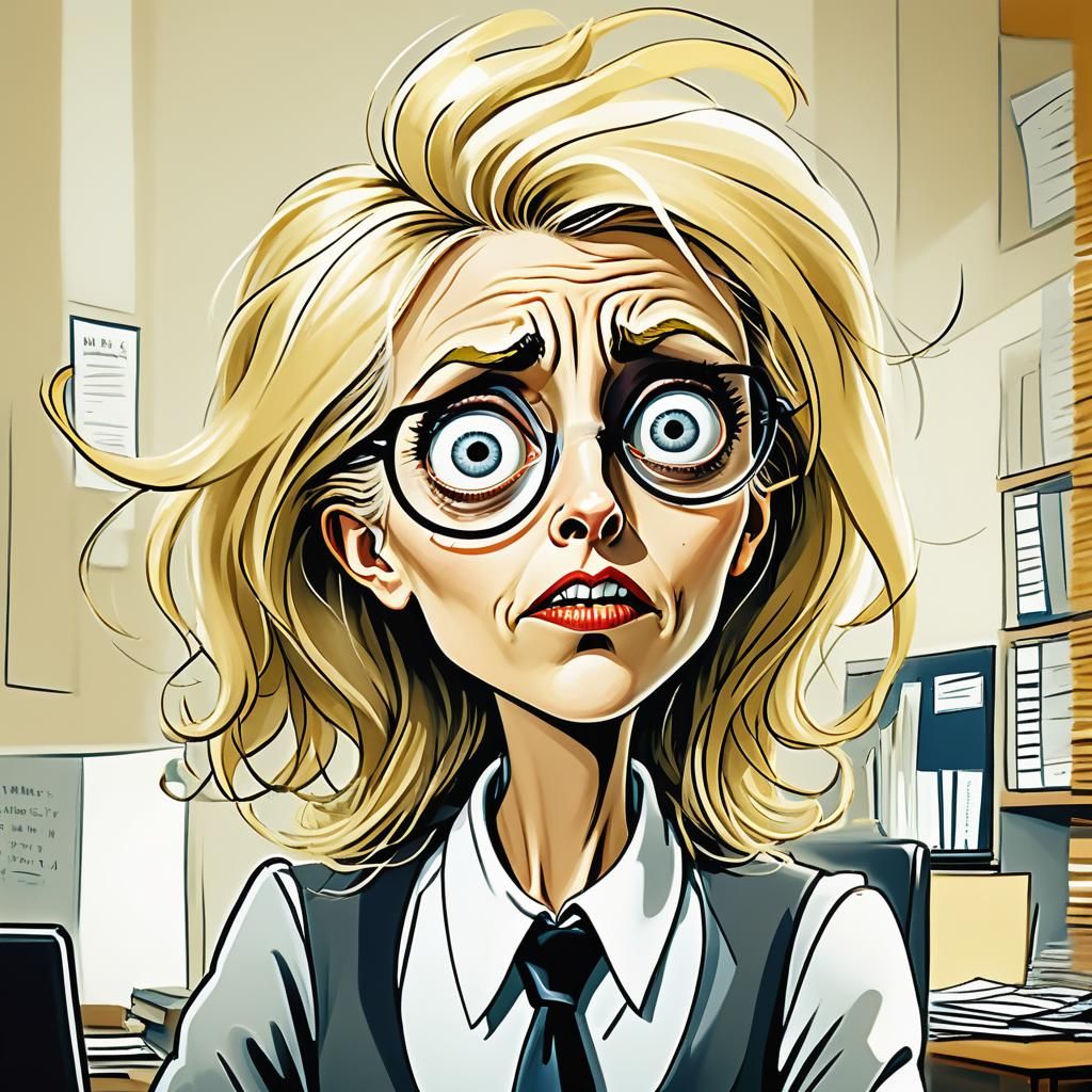 Frenzied Office Worker in Tim Burton Cartoon Style