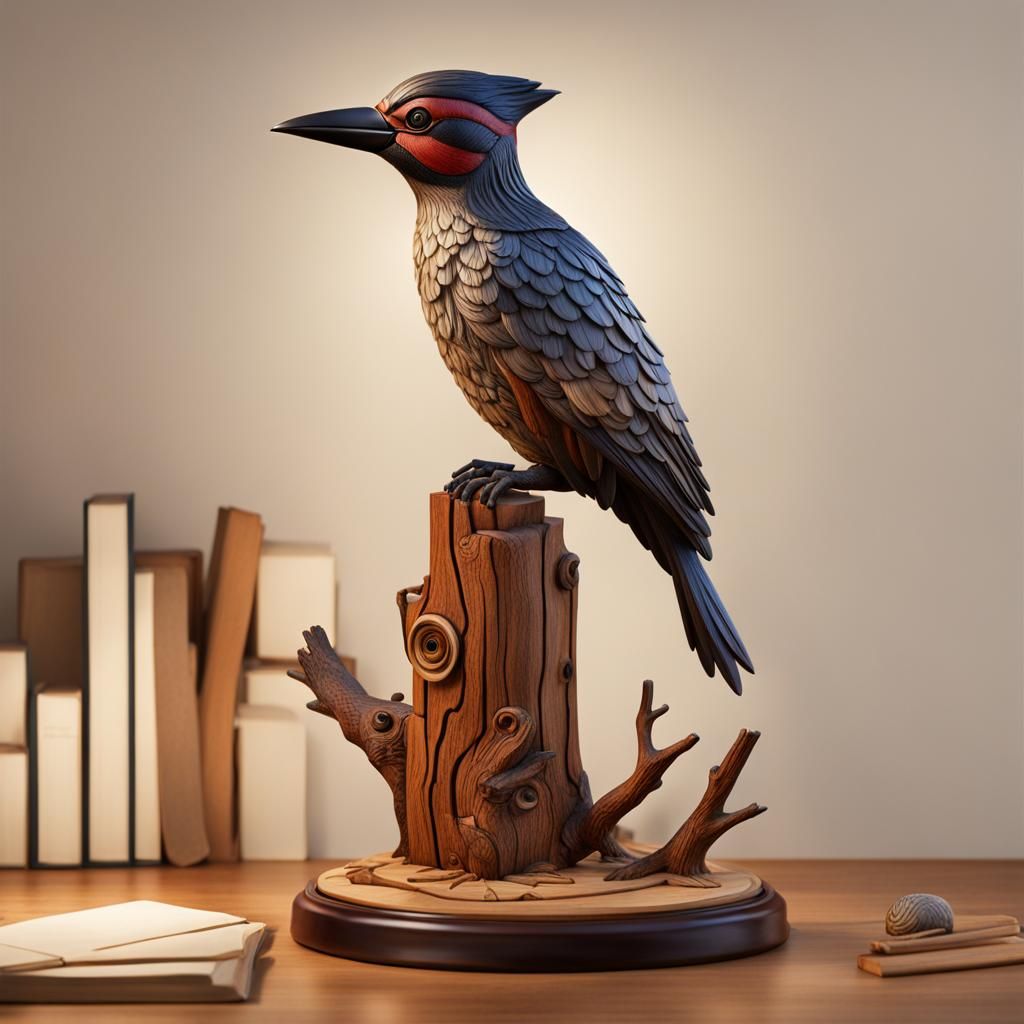 A carved wooden woodpecker model.