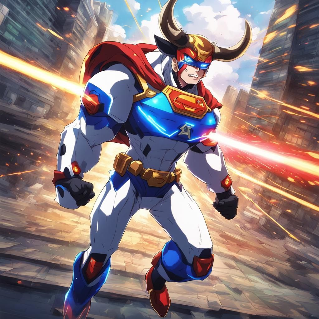 Super-Powered Cow Shooting Laser Eyes in Anime Style