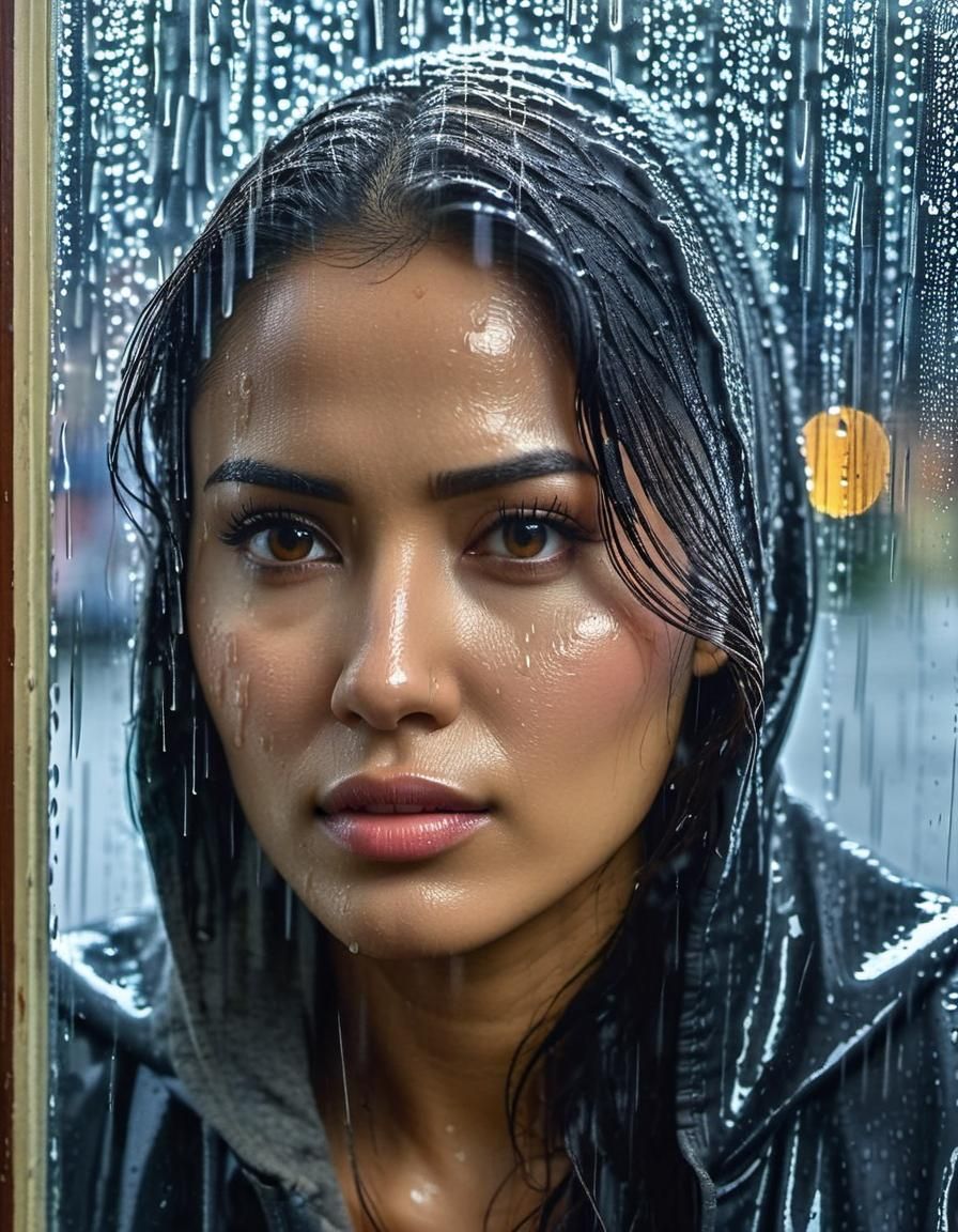 Indonesian Woman in Rain Streaked Window