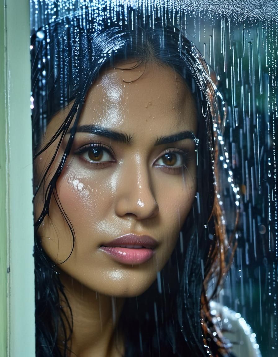 Indonesian Woman in Rain Streaked Window