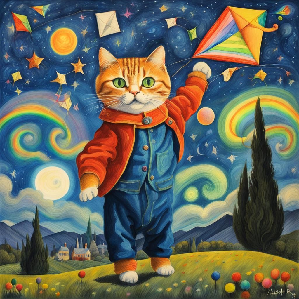 Anthropomorphic Cats Flying Kites in Surreal Crayon Drawing