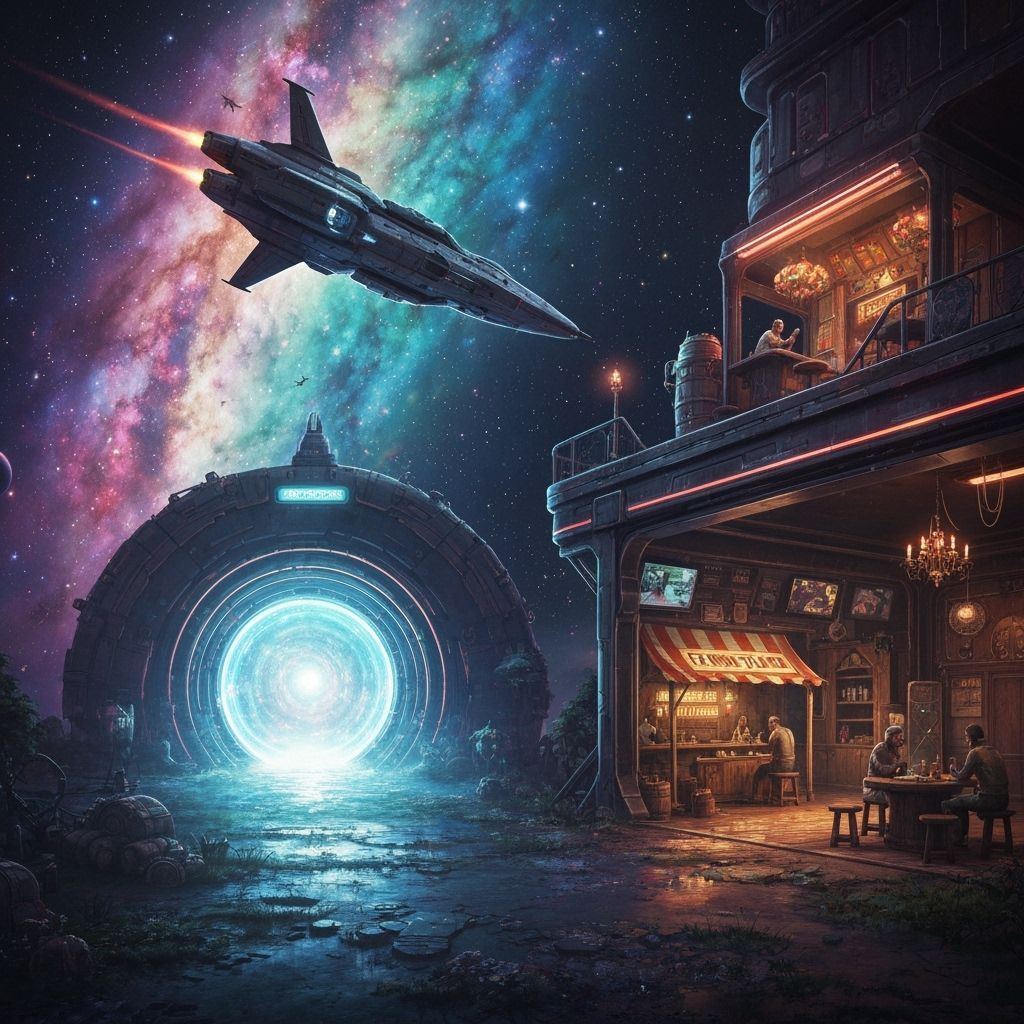 Cyberpunk Spaceship Approaches Star Portal with Farmstand an...