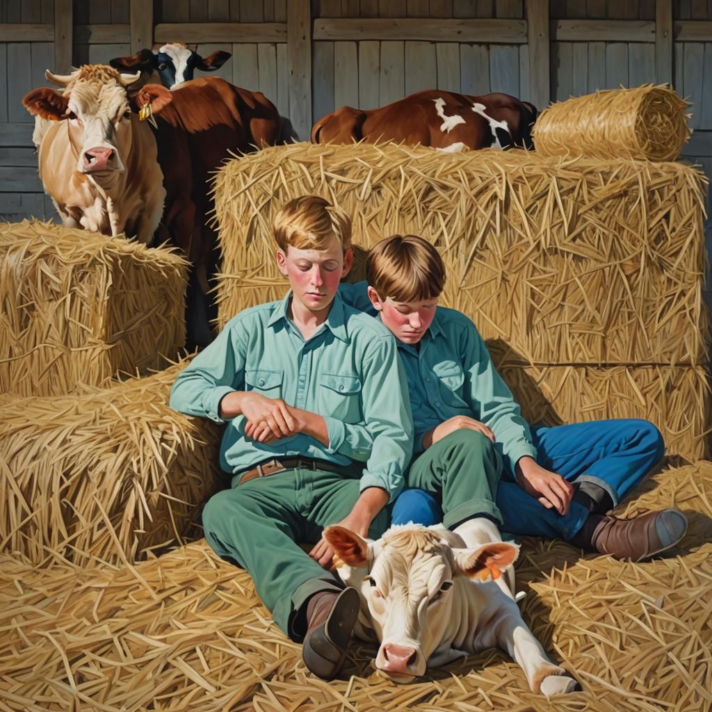 Farm Boys Asleep with Calf, Post-Impressionist Style
