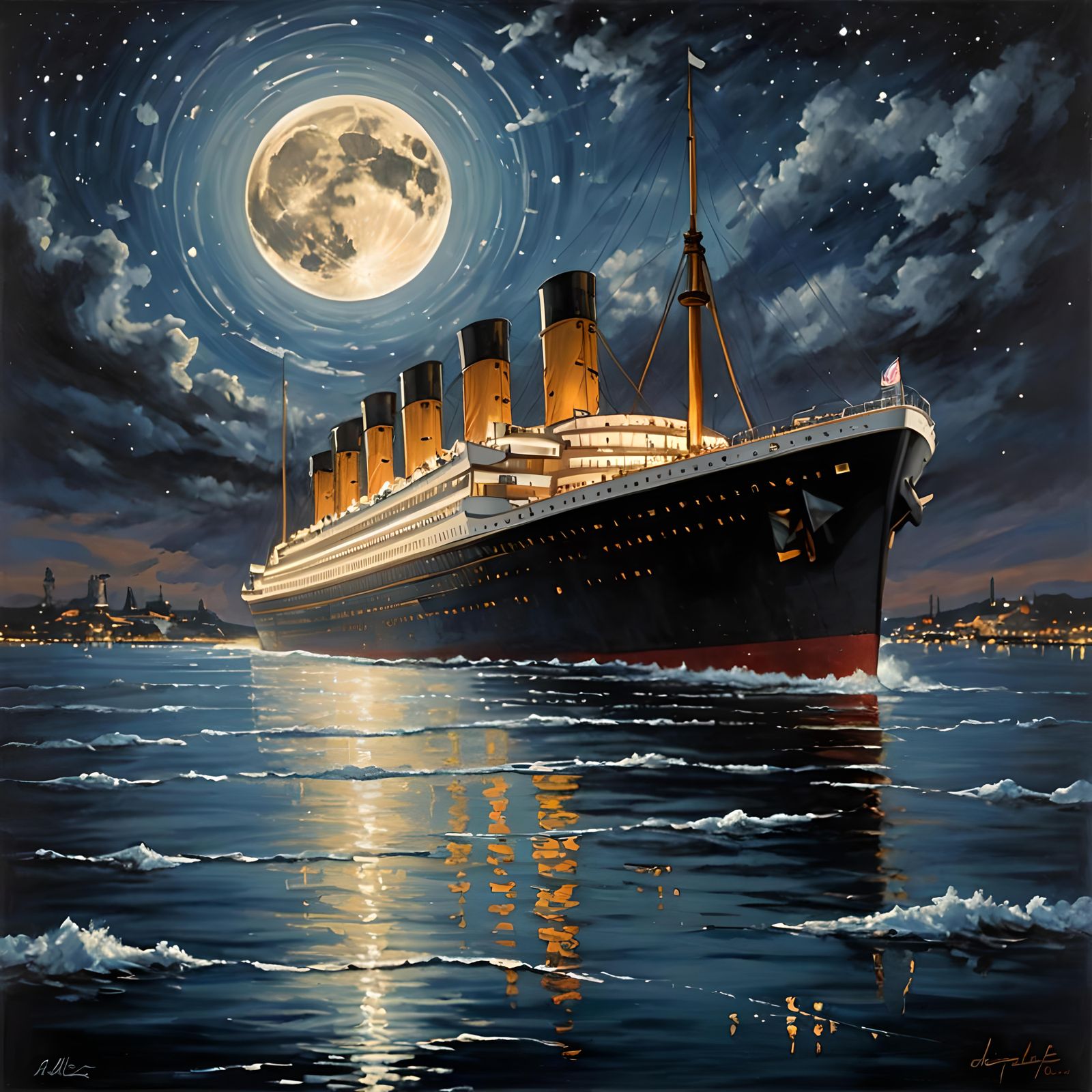 RMS Titanic Sails Under Starry Sky: Oil Painting