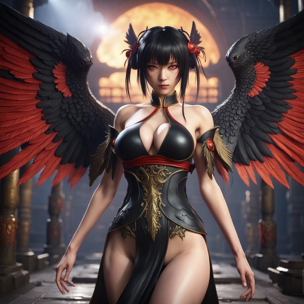 Nyotengu with Black Wings in Detailed Matte Painting