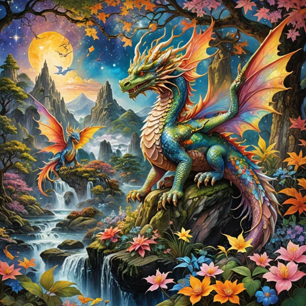 Colorful Dragon in a Maximalist Landscape Painting