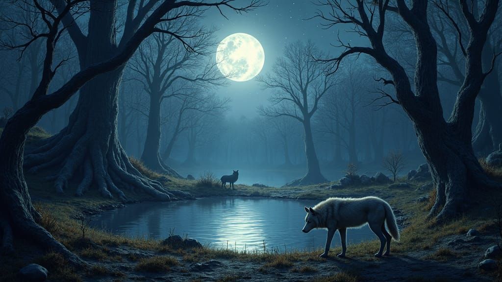 Enchanted Moonlit Forest with Wolf in Fantasy Style