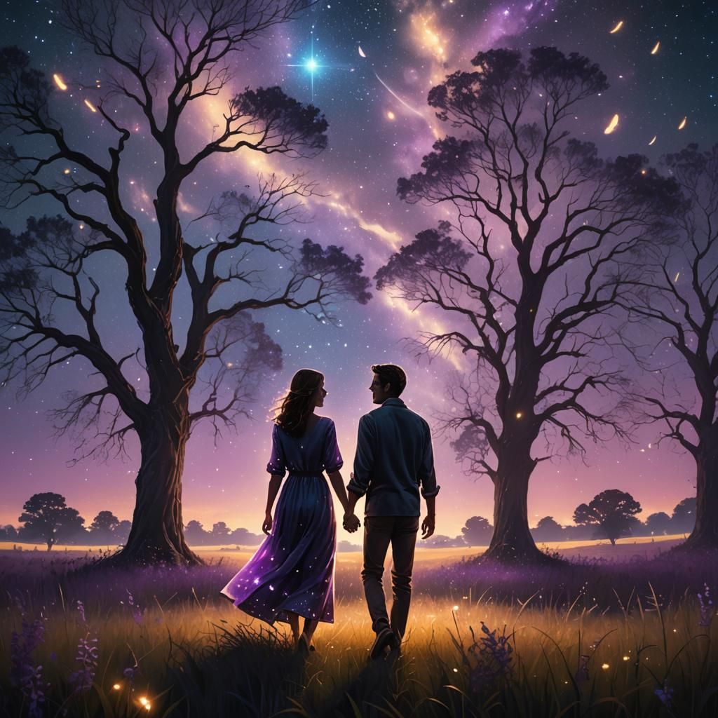 Couple Holding Hands Under Starry Sky, Digital Art
