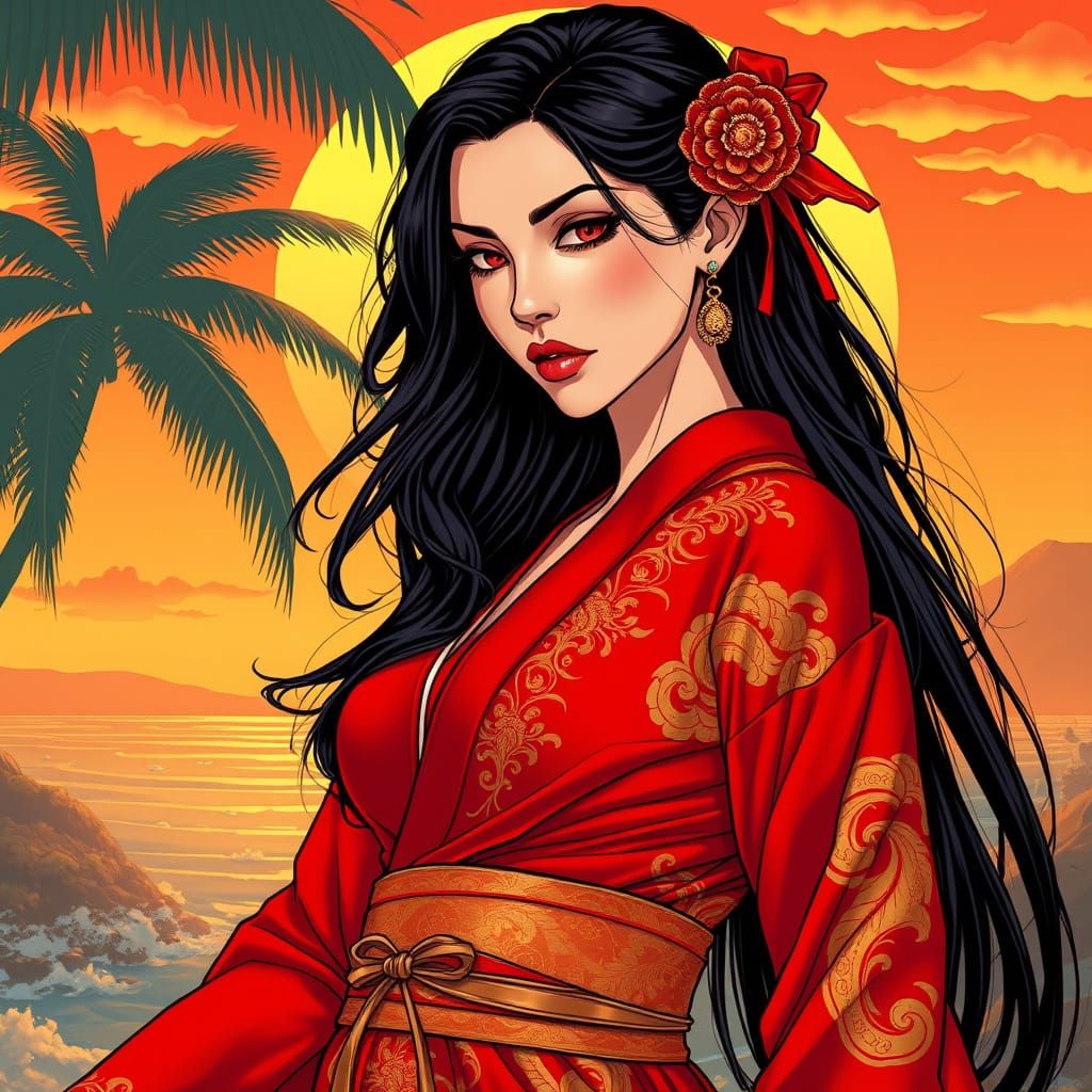 Seductive Pirate Queen in Art Nouveau-Inspired Tropical Oasi...