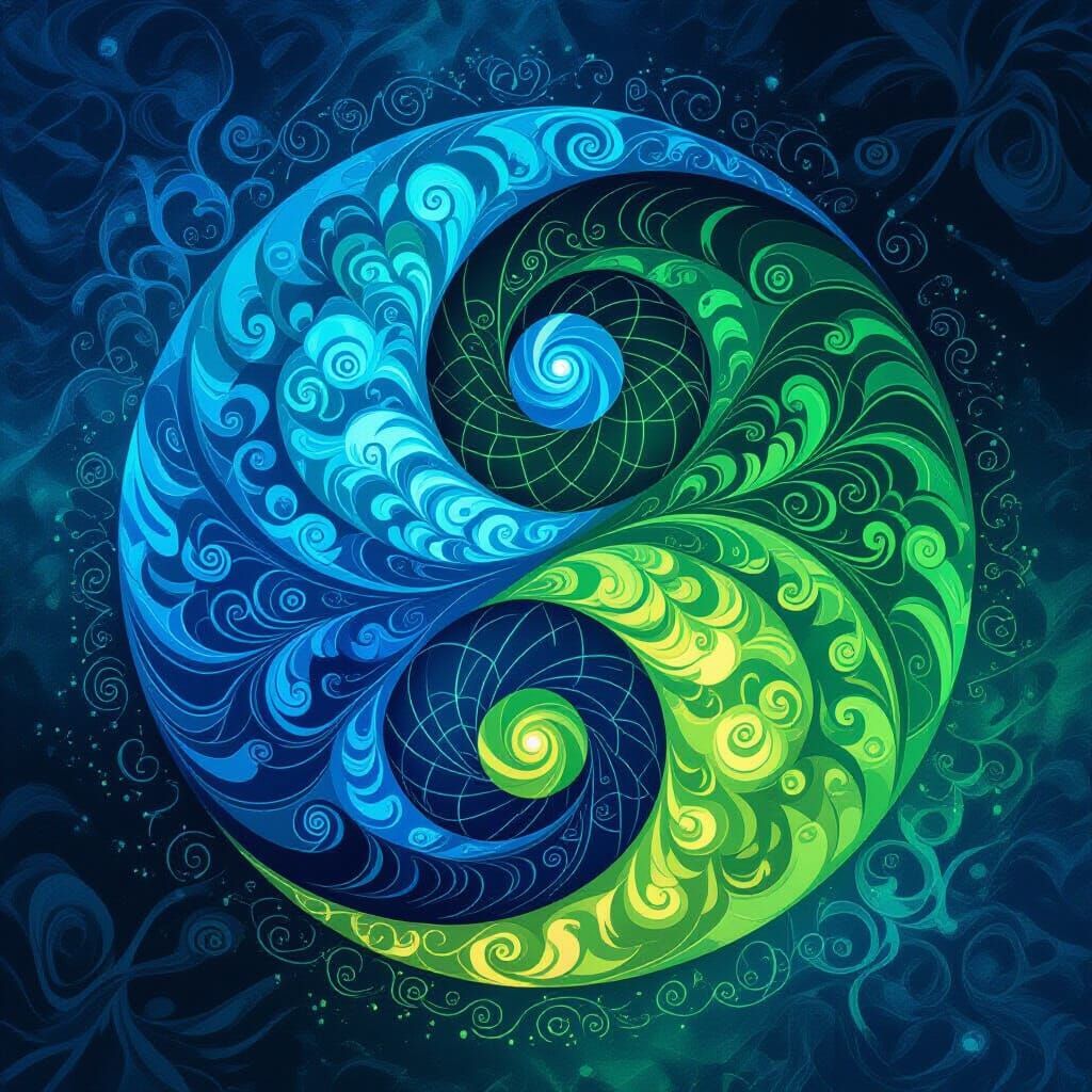 Blue and Green Yin Yang in Digital Painting Style