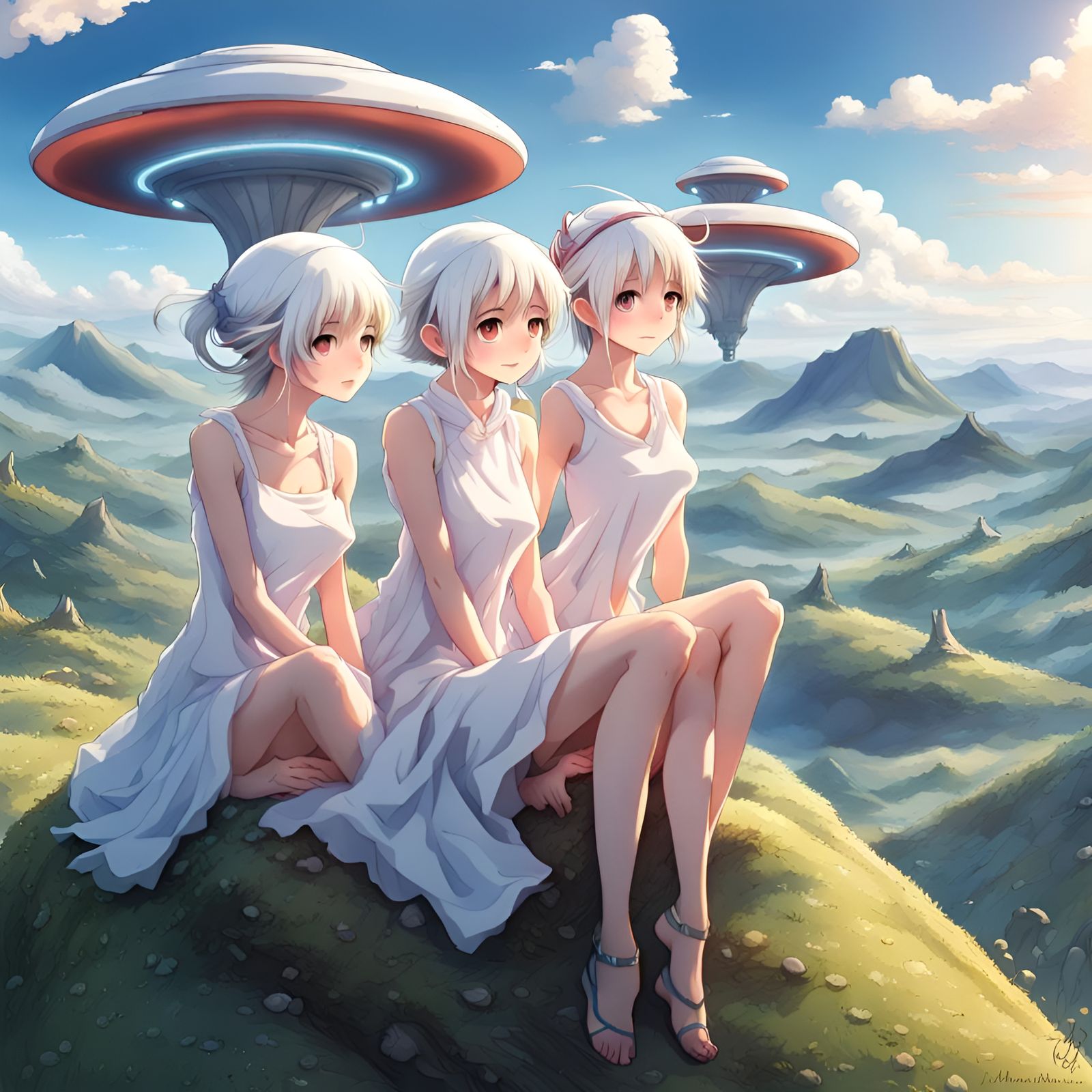 Fairies on UFO Above Wonderland Hills: Anime Style