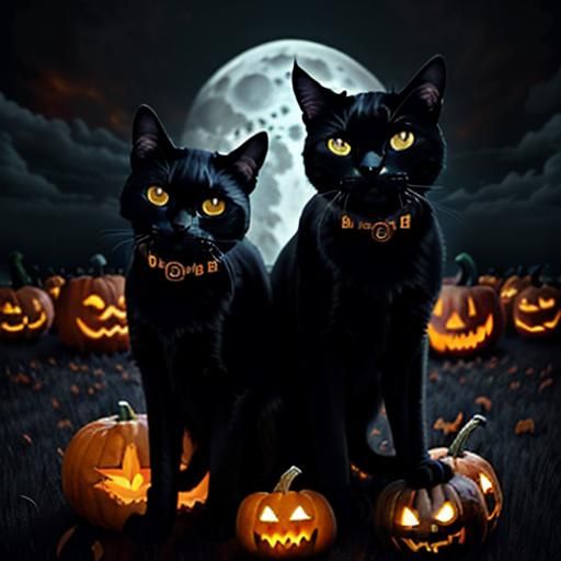Two Black Cats Play Around Jack-o'-Lantern, Burtonesque