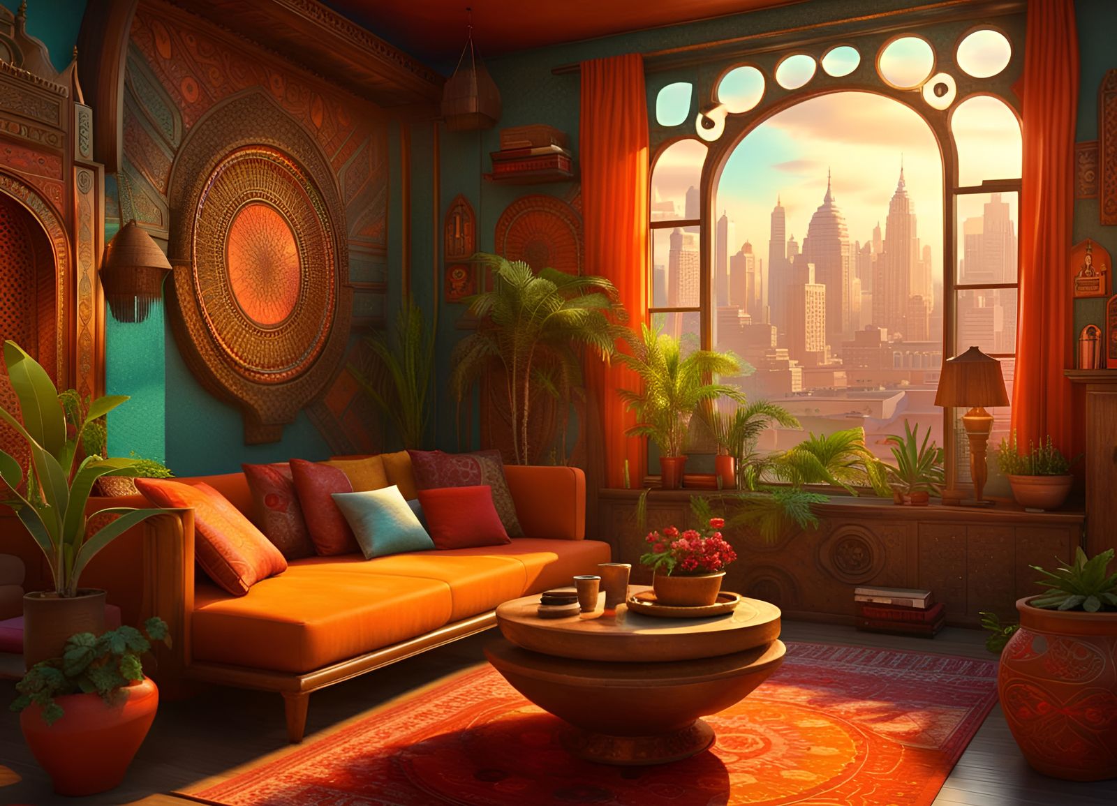 Indian Decor Living Room with Solarpunk City View