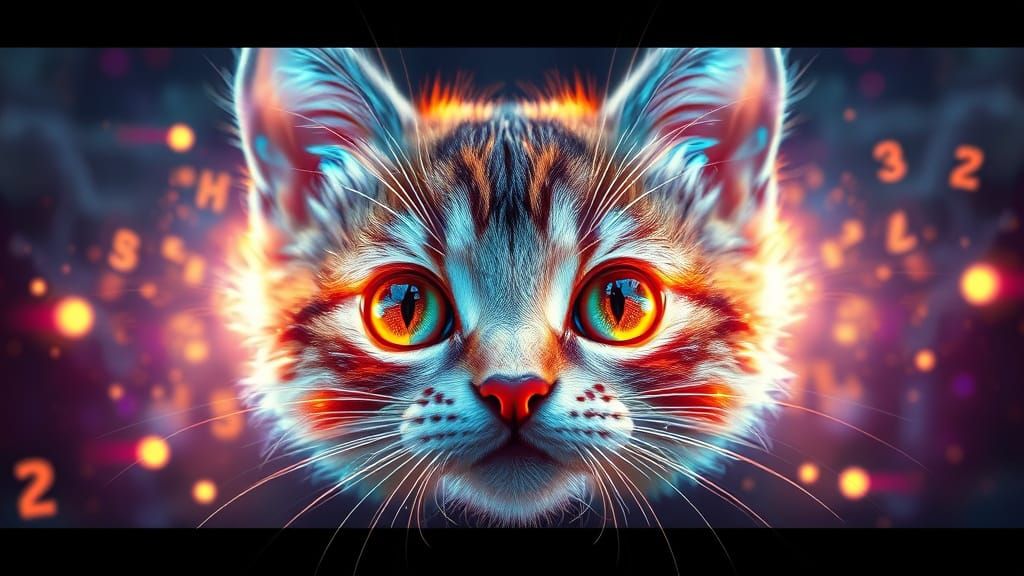 Kitten Face Made of Glowing Numbers in Rainbow Colors