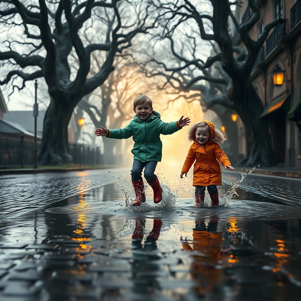 Children Leap in a Magical Puddle on a Rainy Winter Day, a C...